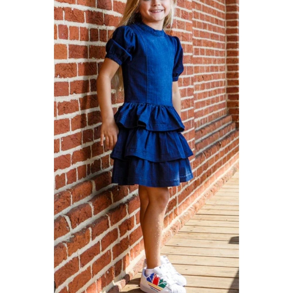 Habitual Kids Girls Blue Denim Tiered Ruffle Puff Sleeve Dress Size 12 CGU04127